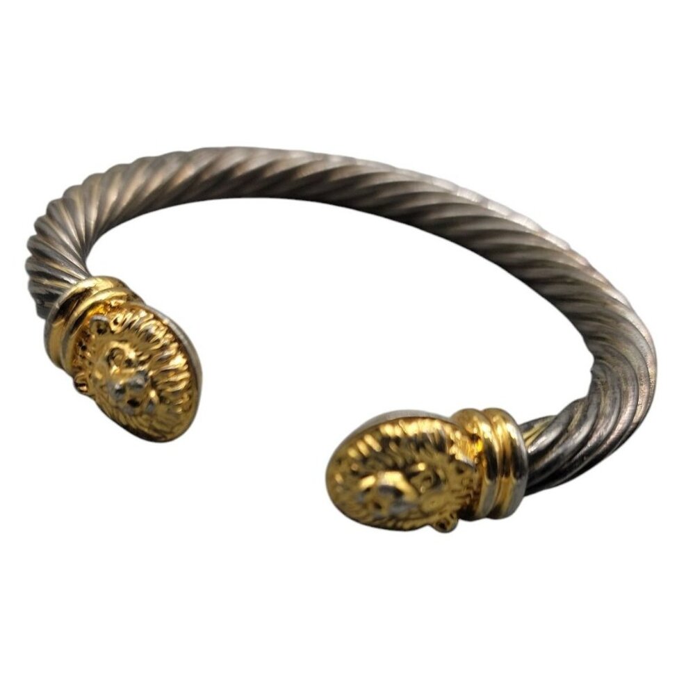 Twisted Cable Open Cuff Bracelet Lion Head End Caps Adjustable Silver/Gold Tone